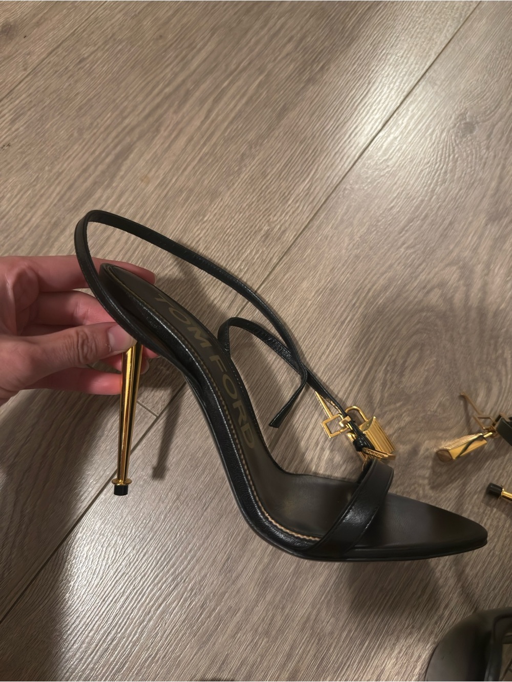 Tom Ford Black Leather Strappy Heels with Gold Padlock Charms - Picture 4 of 8